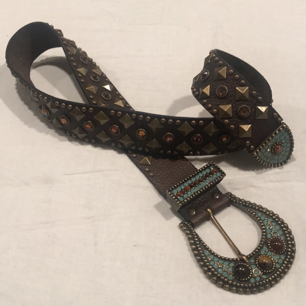 Vintage Boho Western Turquoise Brown Gold Jeweled Leather Belt S/M